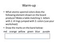 Warm-up What atomic spectral colors does the following element drawn on the board produce? Make a table matching 1. letters with 2. # rings jumped with.