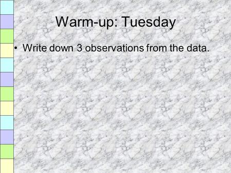 Warm-up: Tuesday Write down 3 observations from the data.