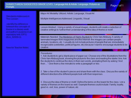 Major Art Modality Utilized: Artistic Language, Visual Art Multiple Intelligences Addressed: Linguistic, Visual Lesson Abstract: Using a variety of visual.