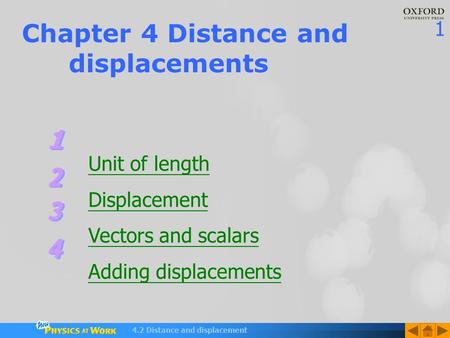 1 4.2 Distance and displacement Chapter 4 Distance and displacements Unit of length Displacement Vectors and scalars Adding displacements.