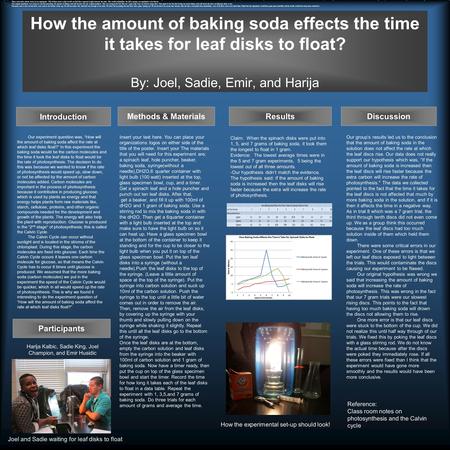 How the amount of baking soda effects the time it takes for leaf disks to float? By: Joel, Sadie, Emir, and Harija Results Introduction Methods & MaterialsDiscussion.