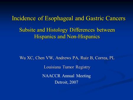 NAACCR Annual Meeting Detroit, 2007 Incidence of Esophageal and Gastric Cancers Subsite and Histology Differences between Hispanics and Non-Hispanics Wu.