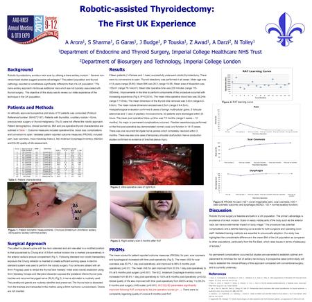 Robotic-assisted Thyroidectomy: The First UK Experience A Arora 1, S Sharma 1, G Garas 1, J Budge 1, P Touska 1, Z Awad 1, A Darzi 2, N Tolley 1 1 Department.