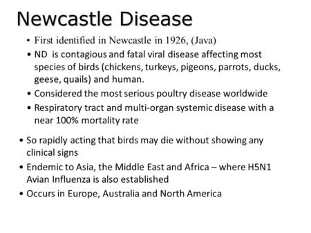 Newcastle Disease First identified in Newcastle in 1926, (Java)