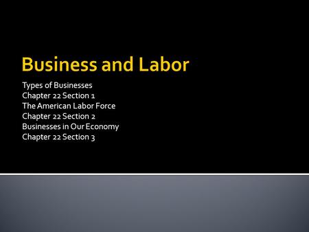 Types of Businesses Chapter 22 Section 1 The American Labor Force Chapter 22 Section 2 Businesses in Our Economy Chapter 22 Section 3.