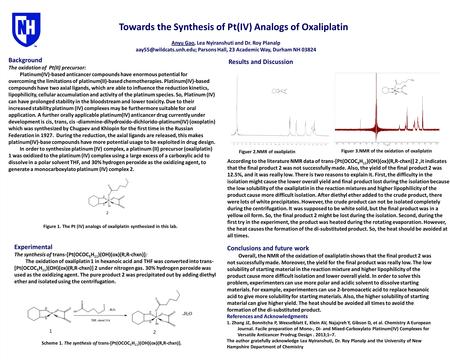 Towards the Synthesis of Pt(IV) Analogs of Oxaliplatin Anyu Gao, Lea Nyiranshuti and Dr. Roy Planalp Parsons Hall, 23 Academic.