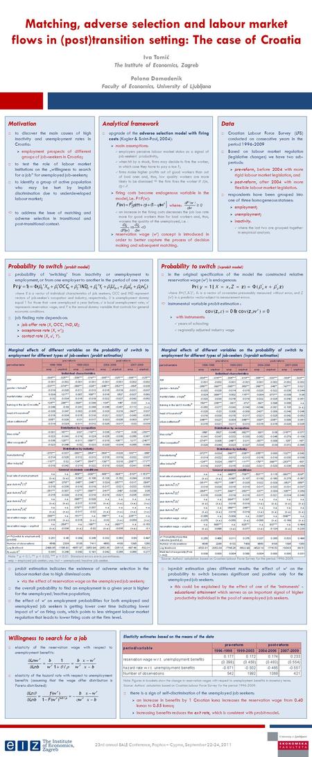 Matching, adverse selection and labour market flows in (post)transition setting: The case of Croatia Iva Tomić The Institute of Economics, Zagreb Polona.