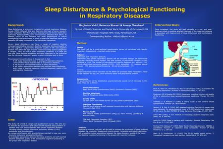 Sleep Disturbance & Psychological Functioning in Respiratory Diseases Daljinder Virk 1, Rebecca Stores 1 & Anoop Chauhan 2 1 School of Health Sciences.