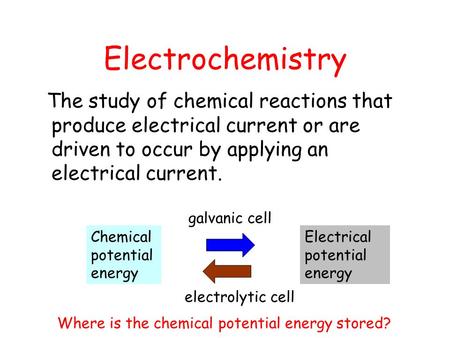 Electrochemistry The study of chemical reactions that produce electrical current or are driven to occur by applying an electrical current. Chemical potential.