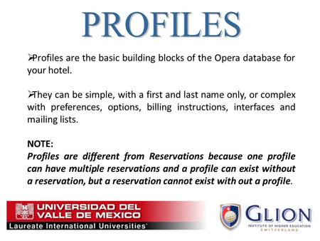  Profiles are the basic building blocks of the Opera database for your hotel.  They can be simple, with a first and last name only, or complex with preferences,