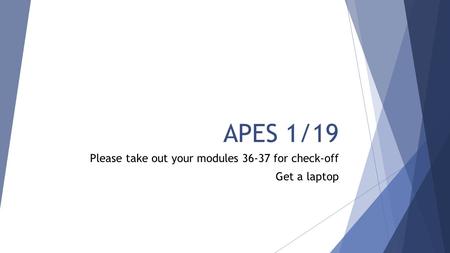 APES 1/19 Please take out your modules 36-37 for check-off Get a laptop.