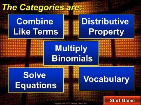 Copyrighted © 2007 Training Games, Inc. The Categories are: Combine Like Terms Distributive Property Start Game Multiply Binomials Solve Equations Vocabulary.