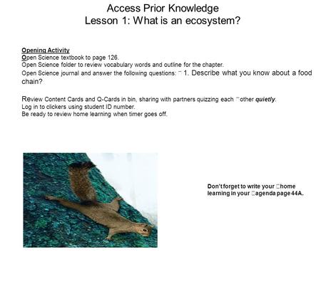 Access Prior Knowledge Lesson 1: What is an ecosystem? Opening Activity Open Science textbook to page 126. Open Science folder to review vocabulary words.