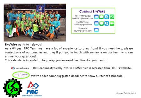 LiveWire wants to help you! As a 6 th year FRC Team we have a lot of experience to draw from! If you need help, please contact one of our coaches and they’ll.