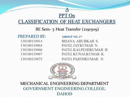 CLASSIFICATION OF HEAT EXCHANGERS