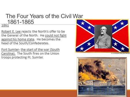 The Four Years of the Civil War 1861-1865 1861 Robert E. Lee rejects the North’s offer to be the General of the North. He could not fight against his.