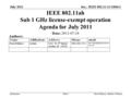 Doc.: IEEE 802.11-11/1006r1 Submission July 2011 David Halasz, OakTree WirelessSlide 1 IEEE 802.11ah Sub 1 GHz license-exempt operation Agenda for July.