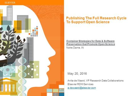 | 1 Anita de Waard, VP Research Data Collaborations Elsevier RDM Services May 20, 2016 Publishing The Full Research Cycle To Support.