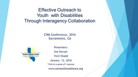 Effective Outreach to Youth with Disabilities Through Interagency Collaboration CWA Conference, 2016 Sacramento, CA Presenters: Sue Sawyer Vicki Shadd.