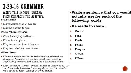 You're, Your  You're: contraction of you are.  Your: belonging to you. Their, There, They're  Their: belonging to them.  There: in that place.  They're: