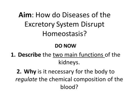 Aim: How do Diseases of the Excretory System Disrupt Homeostasis? DO NOW 1.Describe the two main functions of the kidneys. 2.Why is it necessary for the.