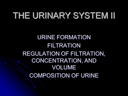 THE URINARY SYSTEM II URINE FORMATION FILTRATION REGULATION OF FILTRATION, CONCENTRATION, AND VOLUME COMPOSITION OF URINE.