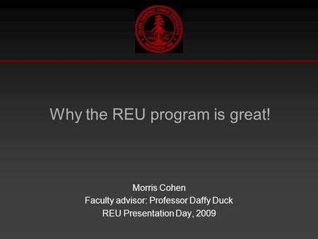 Why the REU program is great! Morris Cohen Faculty advisor: Professor Daffy Duck REU Presentation Day, 2009.