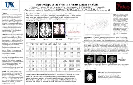 Spectroscopy of the Brain in Primary Lateral Sclerosis J. Taylor 4, D. Powell 2,3, H. Chebrolu, 1,3 A. Andersen 2,3, E. Kasarskis 1, C.D. Smith 1,2,3 1.