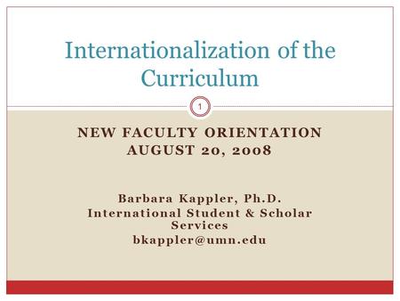 NEW FACULTY ORIENTATION AUGUST 20, 2008 Barbara Kappler, Ph.D. International Student & Scholar Services Internationalization of the Curriculum.