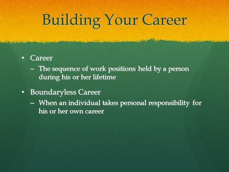 Building Your Career Career Career – The sequence of work positions held by a person during his or her lifetime Boundaryless Career Boundaryless Career.