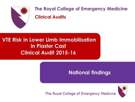 The Royal College of Emergency Medicine VTE Risk in Lower Limb Immobilisation in Plaster Cast Clinical Audit 2015-16 National findings The Royal College.