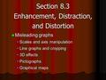 Section 8.3 Enhancement, Distraction, and Distortion Misleading graphs Misleading graphs Scales and axis manipulationScales and axis manipulation Line.