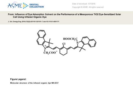 Date of download: 6/7/2016 Copyright © ASME. All rights reserved. From: Influence of Dye Adsorption Solvent on the Performance of a Mesoporous TiO2 Dye-Sensitized.