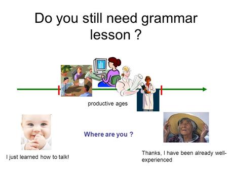 Do you still need grammar lesson ? Thanks, I have been already well- experienced I just learned how to talk! Where are you ? productive ages.