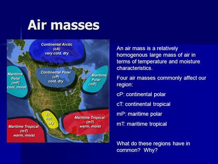 Air masses An air mass is a relatively homogenous large mass of air in terms of temperature and moisture characteristics. Four air masses commonly affect.