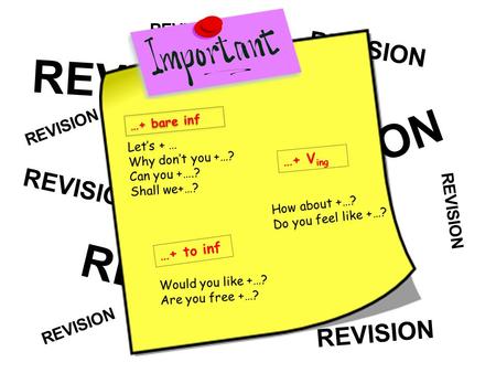 REVISION L e t ’ s + … W h y d o n ’ t y o u + … ? C a n y o u + …. ? S h a l l w e + … ? H o w a b o u t + … ? D o y o u f e e l l i k e + … ? W o u l.