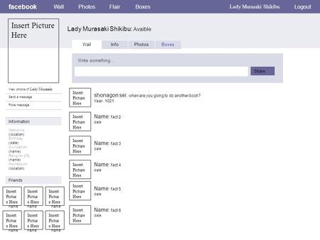 Facebook Lady Murasaki Shikibu: Avaible WallPhotosFlairBoxes Lady Murasaki Shikibu Logout View photos of Lady Murasaki Send a message Poke message Wall.