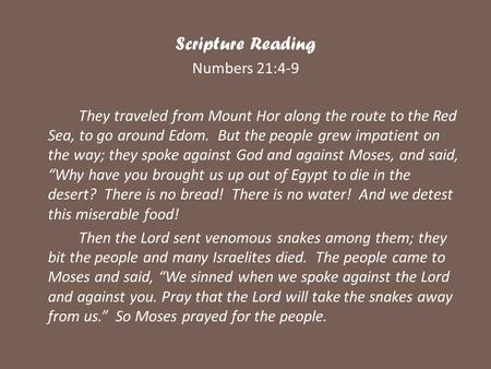 Scripture Reading Numbers 21:4-9 They traveled from Mount Hor along the route to the Red Sea, to go around Edom. But the people grew impatient on the way;