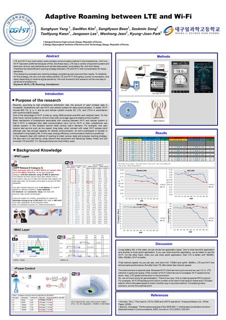 Adaptive Roaming between LTE and Wi-Fi 1 Daeguil Science high school, Daegu, Republic of Korea. 2 Daegu Gyeongbuk Institute of Science and Technology,