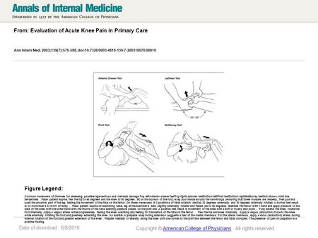 Date of download: 6/8/2016 From: Evaluation of Acute Knee Pain in Primary Care Ann Intern Med. 2003;139(7):575-588. doi:10.7326/0003-4819-139-7-200310070-00010.