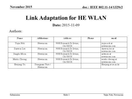 Submission doc.: IEEE 802.11-14/1329r2 November 2015 Yujin Noh, NewracomSlide 1 Link Adaptation for HE WLAN Date: 2015-11-09 Authors: