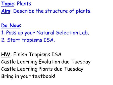 Topic: Plants Aim: Describe the structure of plants. Do Now: 1. Pass up your Natural Selection Lab. 2. Start tropisms ISA. HW: Finish Tropisms ISA Castle.