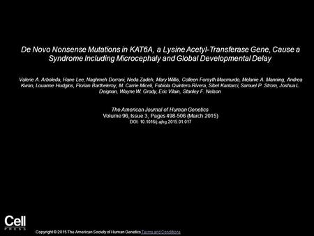 De Novo Nonsense Mutations in KAT6A, a Lysine Acetyl-Transferase Gene, Cause a Syndrome Including Microcephaly and Global Developmental Delay Valerie A.