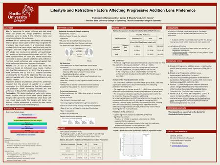 Lifestyle and Refractive Factors Affecting Progressive Addition Lens Preference Padmapriya Ramamoorthy 1, James E Sheedy 2 and John Hayes 2 1 The Ohio.