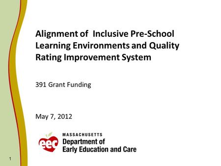 1 Alignment of Inclusive Pre-School Learning Environments and Quality Rating Improvement System 391 Grant Funding May 7, 2012.