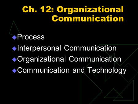 Ch. 12: Organizational Communication  Process  Interpersonal Communication  Organizational Communication  Communication and Technology.