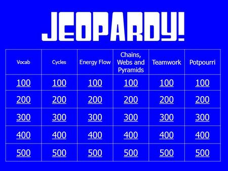VocabCycles Energy Flow Chains, Webs and Pyramids TeamworkPotpourri 100 200 300 400 500.