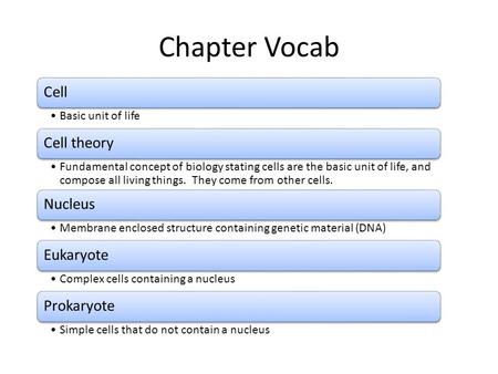 Chapter Vocab Cell Basic unit of life Cell theory Fundamental concept of biology stating cells are the basic unit of life, and compose all living things.