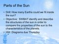 Parts of the Sun Drill: How many Earths could we fit inside the sun? Objective: SWBAT identify and describe the structures of the sun in order to compare.