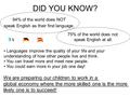 DID YOU KNOW? 75% of the world does not speak English at all. 94% of the world does NOT speak English as their first language. Languages improve the quality.